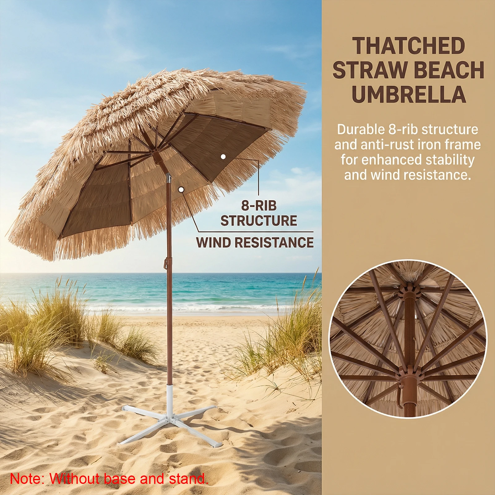 

6.56FT Hawaii Straw Umbrella with Tilt Adjustment & 8 Ribs Outdoor Patio Umbrella UPF 50+ UV Protection for Bar Garden Backyard