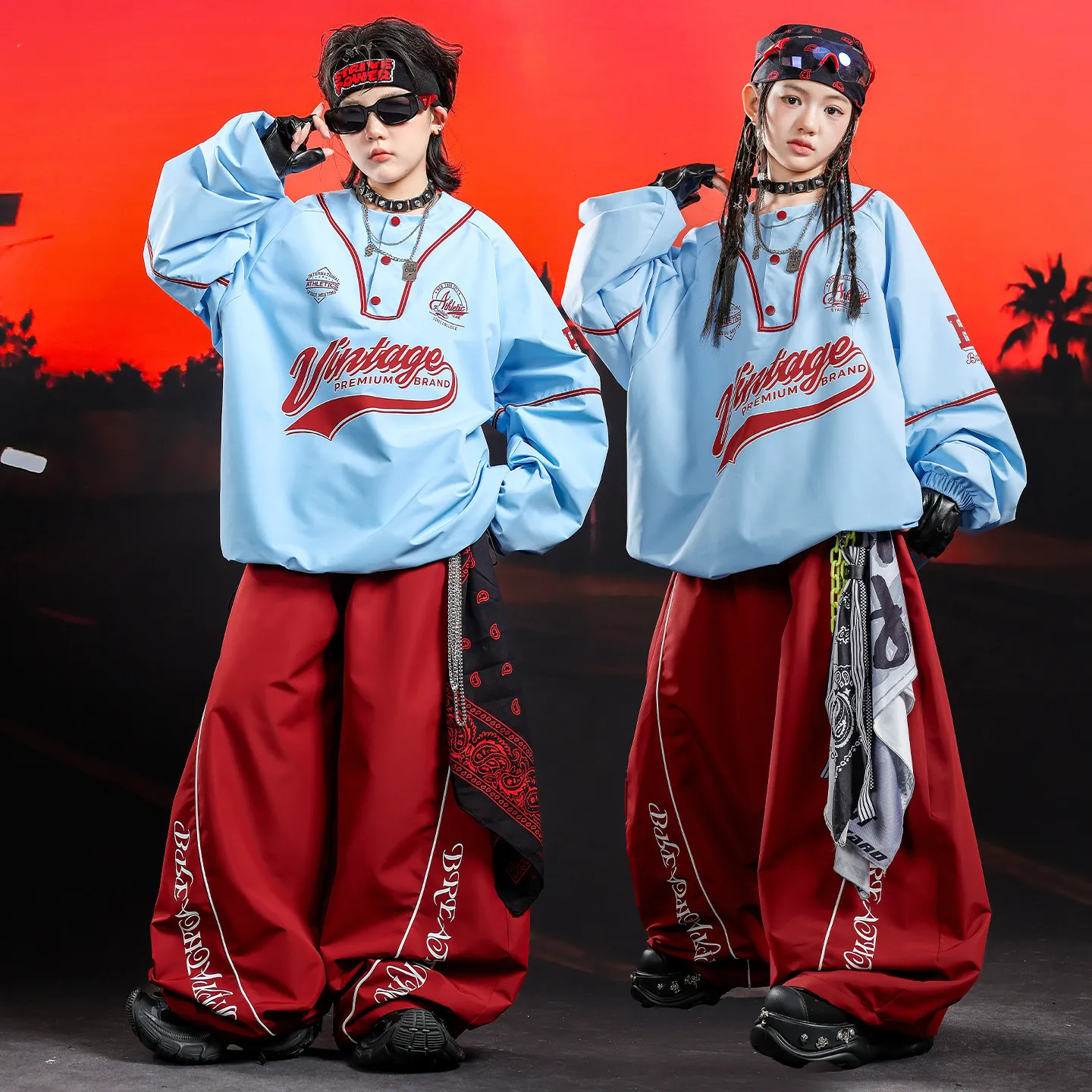Children Streetwear Hip Hop Sport Sweatshirts Pants Sets Boy Girl Loose T Shirt Trousers Kids Tracksuit Stage Clothes Costume