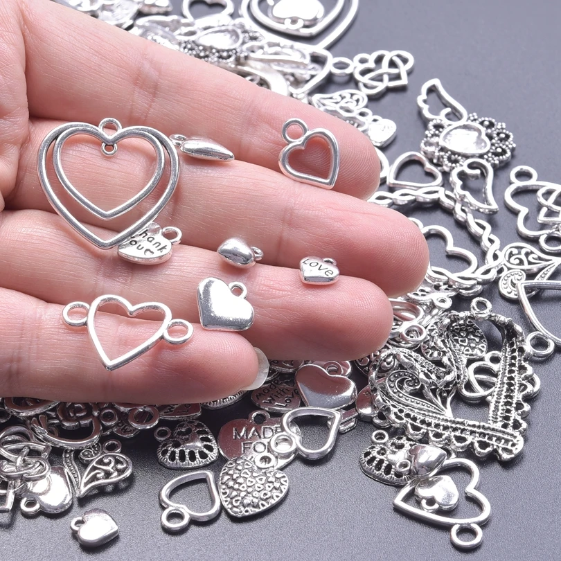 Mix Antique Silver Color Various Heart Alloy Pendant Hollow Charm DIY Vintage Earrings Jewelry Making Craft Bracelets Accessory