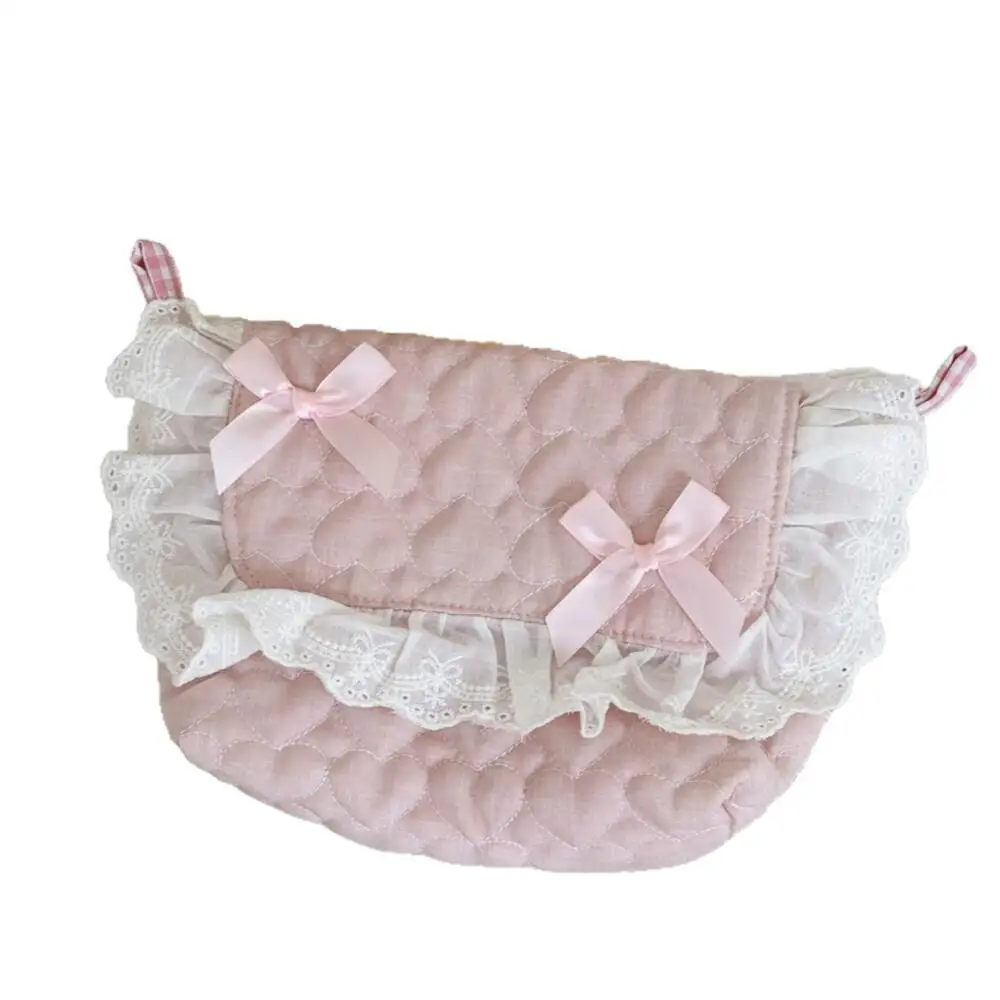 

Cute Quilted Cotton Cosmetic Bag, Heart Stitched Makeup Pouch with Lace Trim & Bow Accents