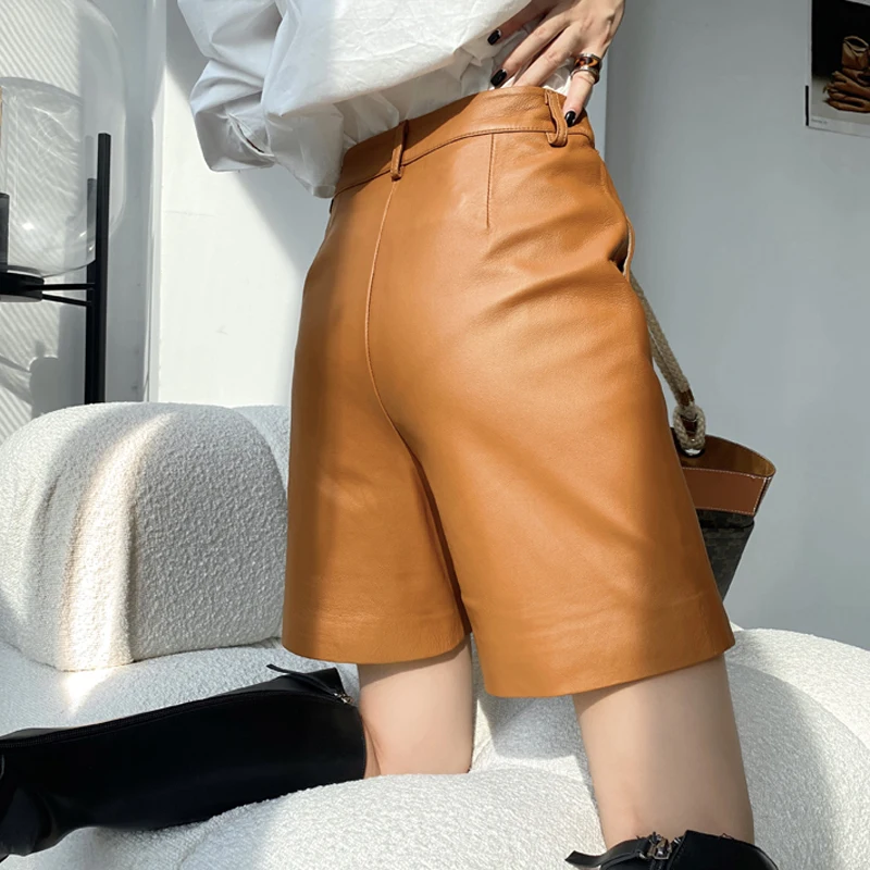 Women Lambskin Panties Bermuda 2023 Winter High Waist Genuine Leather Shorts Mujer Casual Straight Leg Grey Pants Calça Feminino