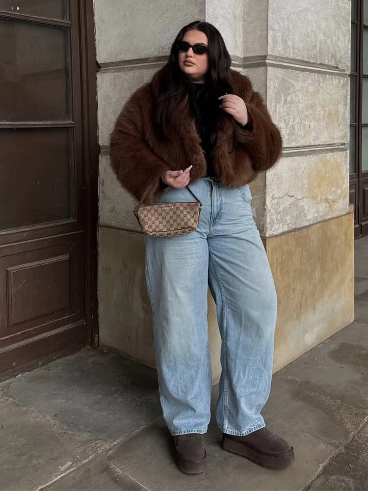 Women Brown Short Faux Fur Coat Fashion Lapel Long Sleeve Fluffy Loose Cropped Jacket Female Winter Daily Warm Street Outerwear