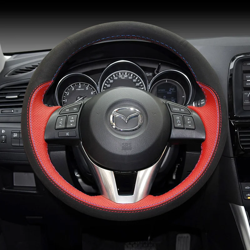 Hand-Stitched Leather Suede Carbon Fibre Car Steering Wheel Cover for Mazda 3/6 M5 Cx-5 Cx-4 Cx-8 Interior Accessories