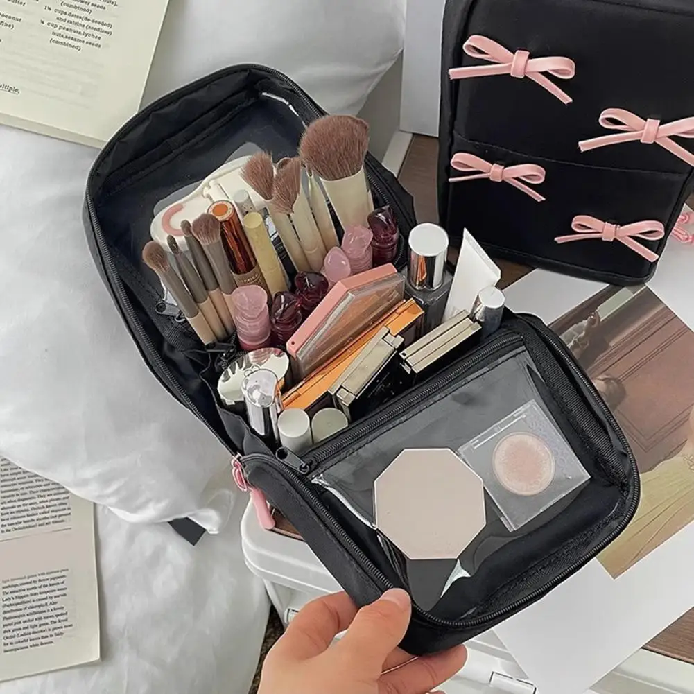 Multi-part Makeup Organizer Makeup Bag Folding Organizer Multi-part Cosmetic Storage Case with Pink Bow Decoration Capacity