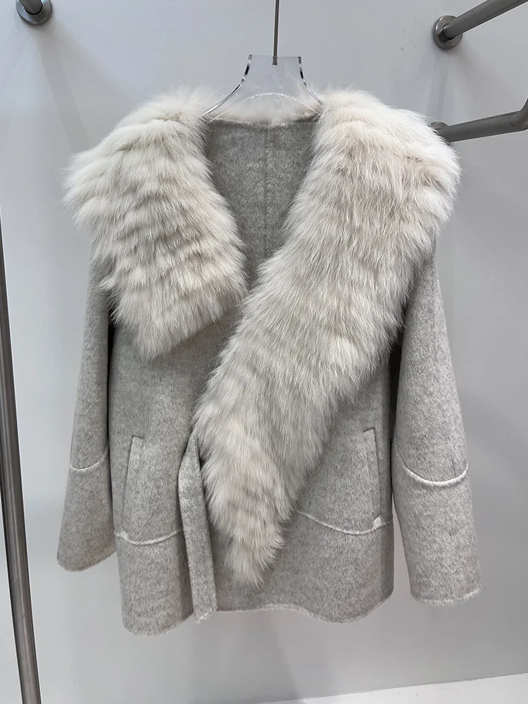2025 frauen Winter Warme Natürliche Echt Fox Pelz Kragen Woolen Jacke Weibliche Luxus Damen Jacken Streetwear