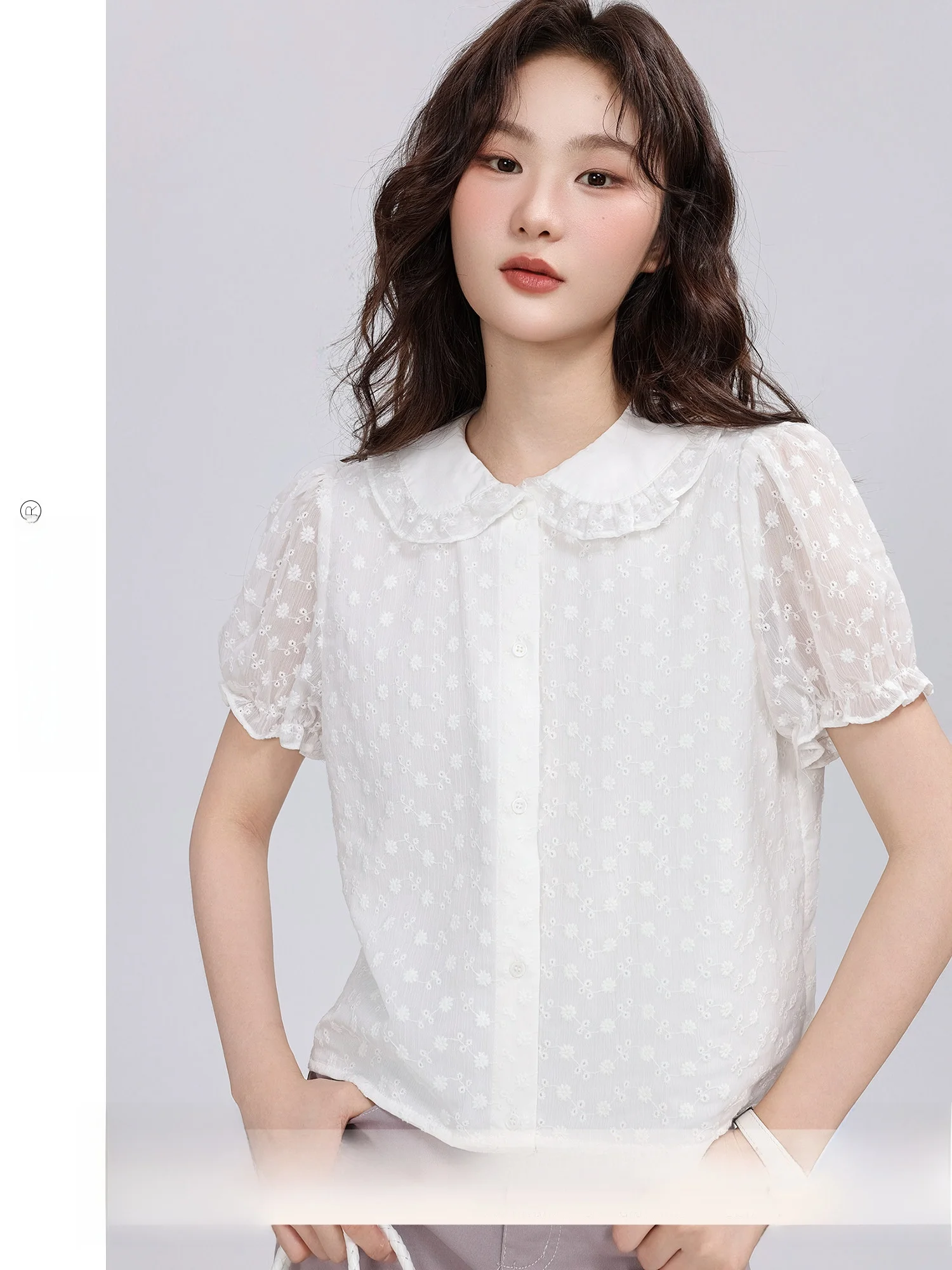 

Новинка: Женская повседневная рубашка с вышитым воротником-куклой, корейский стиль, с короткими рукавами-фонариками, из полиэстера