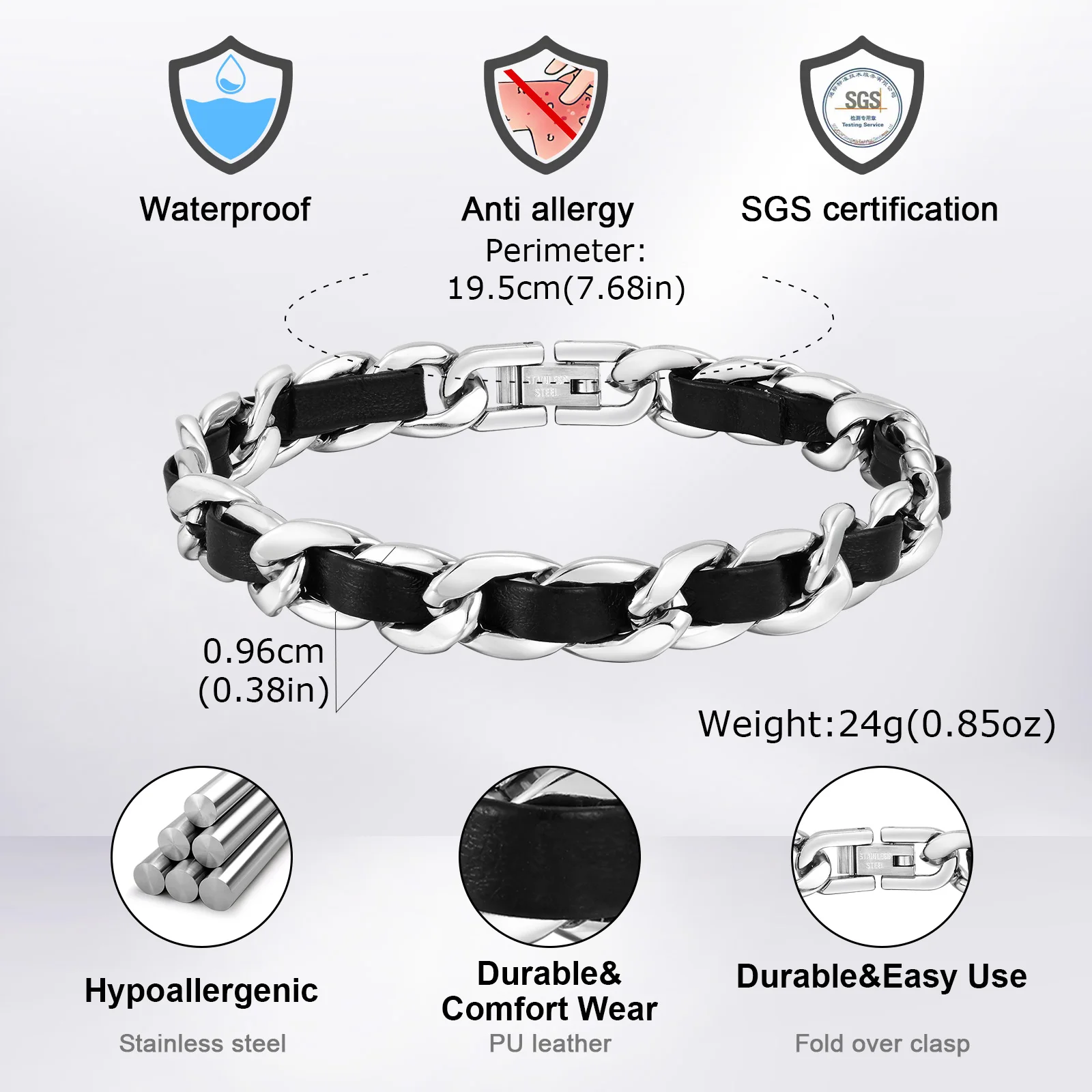 Men\'s Black Leather Chain Bracelets, Waterproof Stainless Steel Cuban Links Chain Wristband Gift Jewelry,pulseira masculina