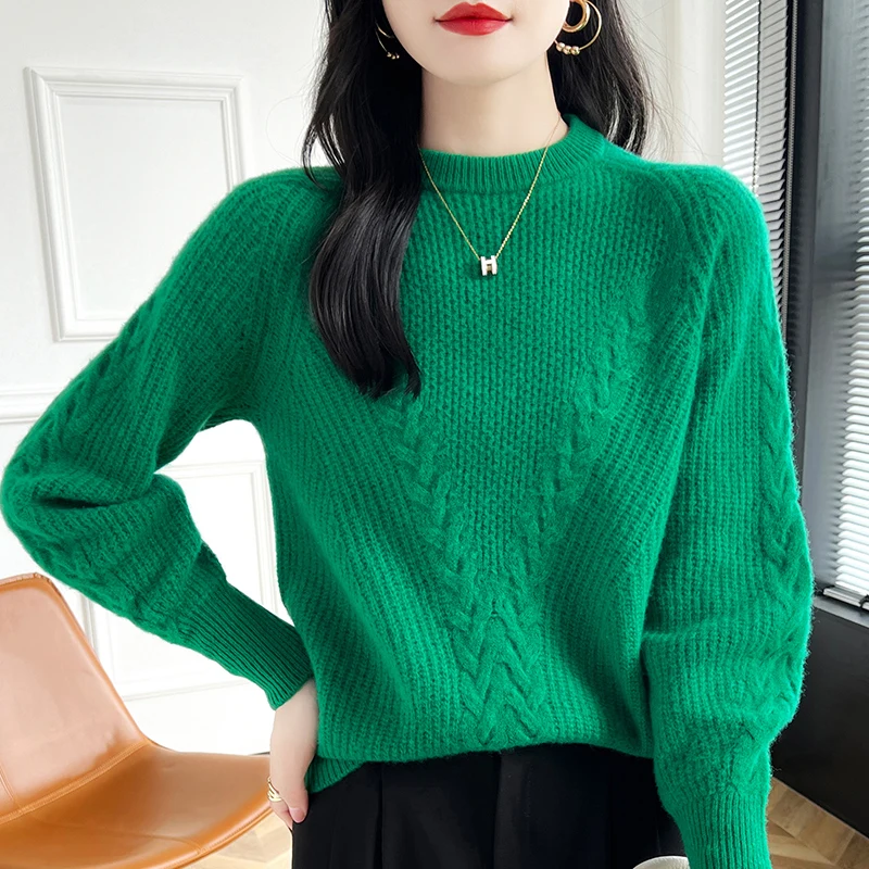 

Thickened woven 100% Merino wool pullover Autumn-winter new cashmere sweater women's O-collar pullover warm bottom knit shirttop