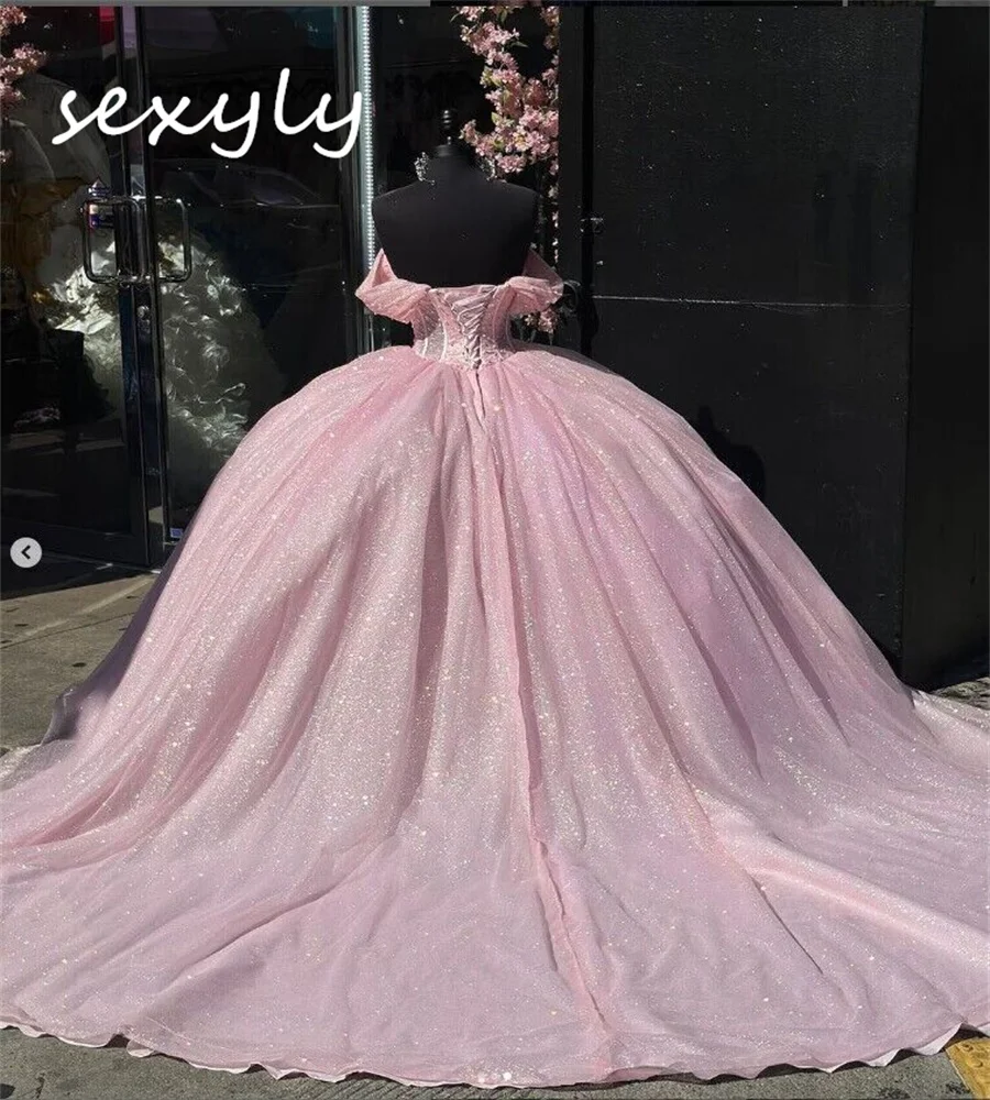 Shiny Baby Pink Quinceanera Dresses Luxury Beaded Sequin Vestidos Para 15 Quinceanera Xv Años Lace Up Birthday Party Customized