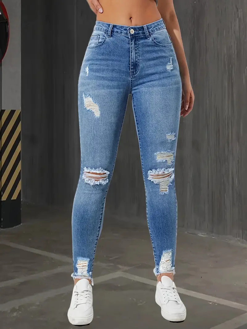 Women Pencil Pants Hole Jeans Streetwear Washed Ripped High Waist Vintage Stretch Distressed Denims Female Ankle Length Trousers view 6