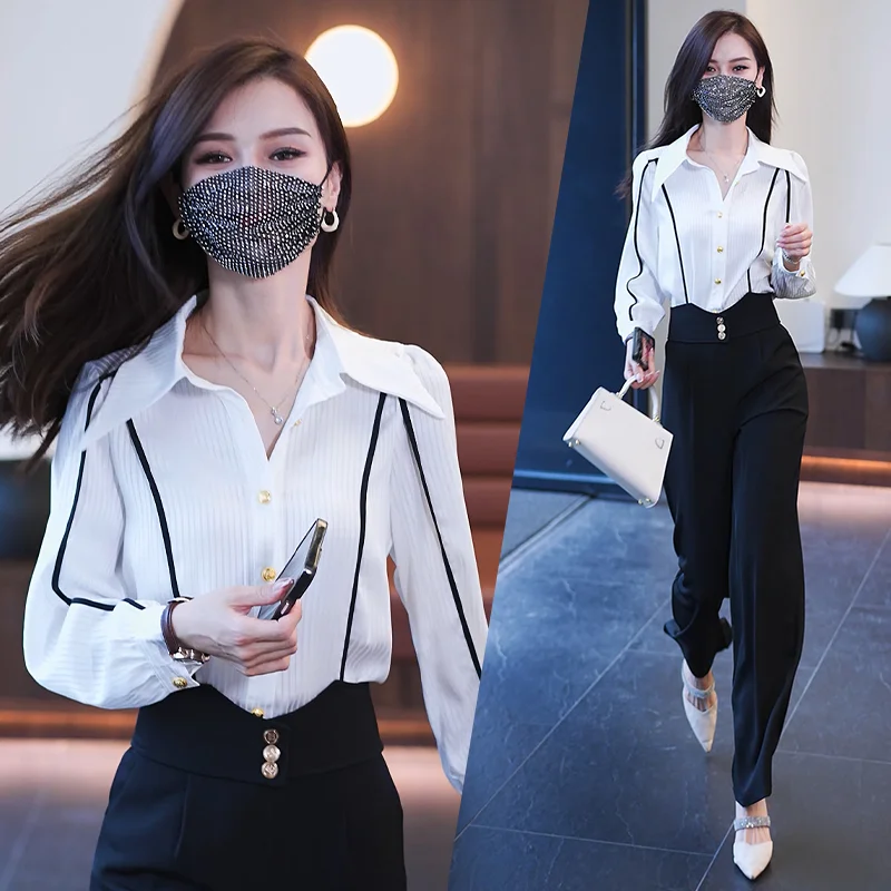 Spring Autumn New Ladies Suits Women POLO Collar Fashion Long Sleeve Shirt Solid Color Button Patchwork High Waist Chic Pants