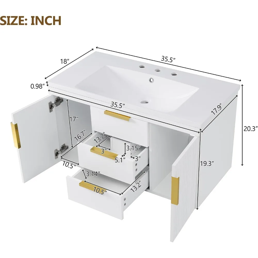 36 Inch Floating Bathroom Vanity with Sink, Wall Mounted, White