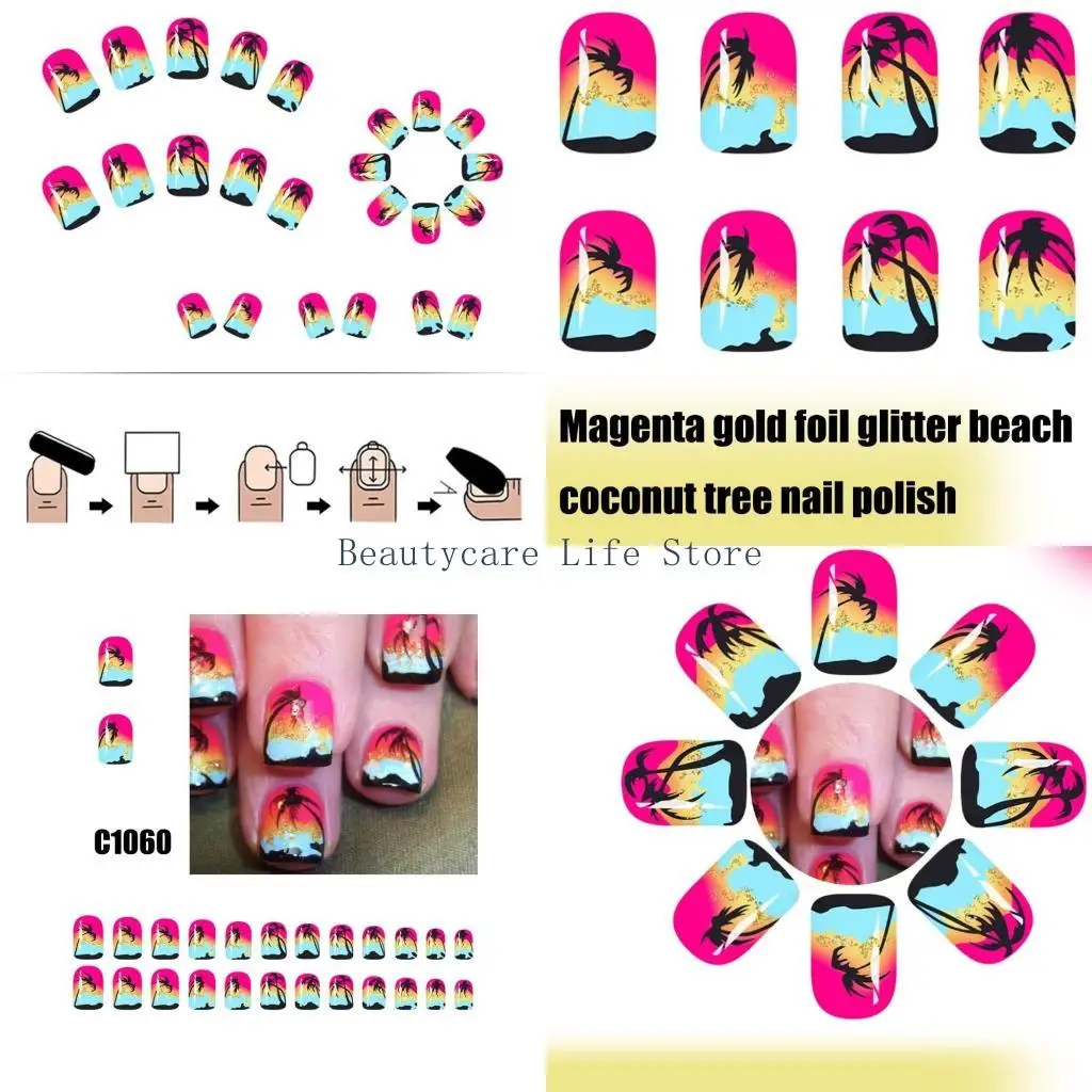 

652C Coconut Tree Themed Press On Nail 24Pcs Glossy Short Square False Nail Tropical Pattern For Party Wedding Daily Wear