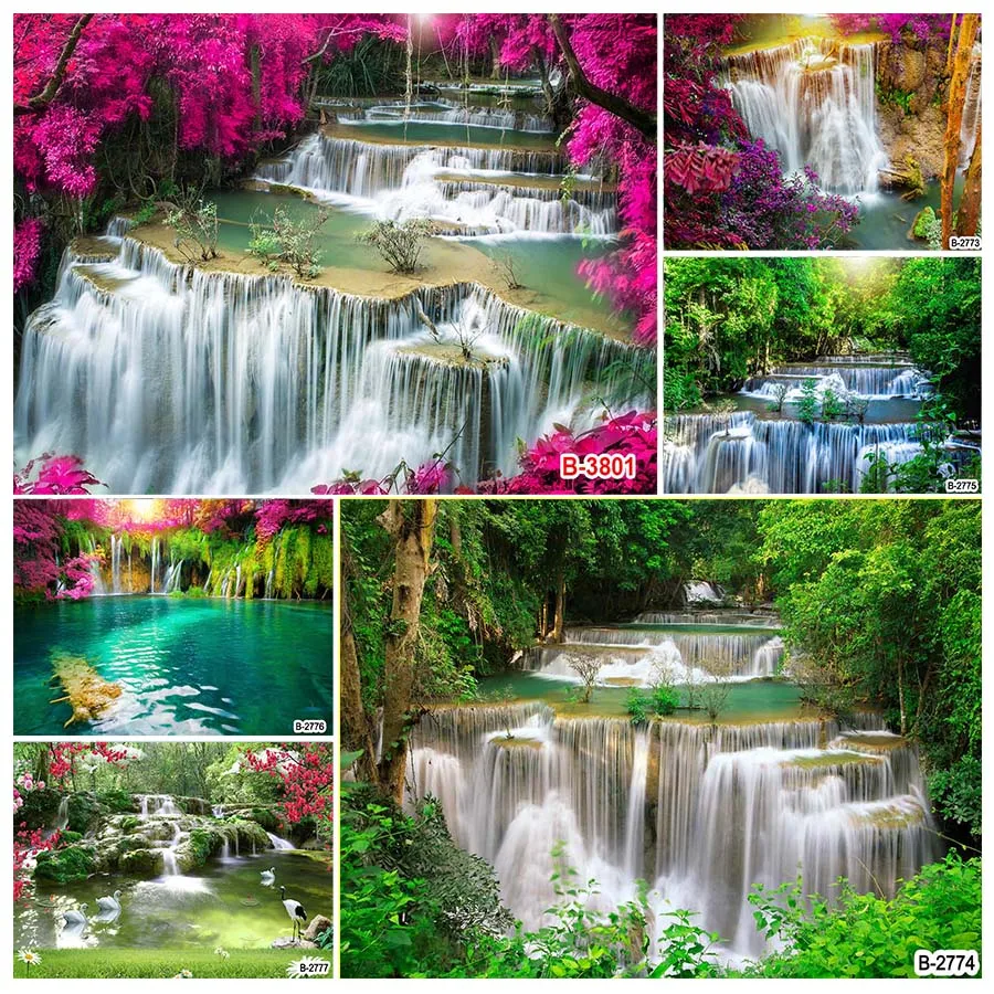 

Spring Waterfall Backdrop Nature Landscape Woodland Maple Trees Lake Background Family Travel Adult Adventure Party Decoration