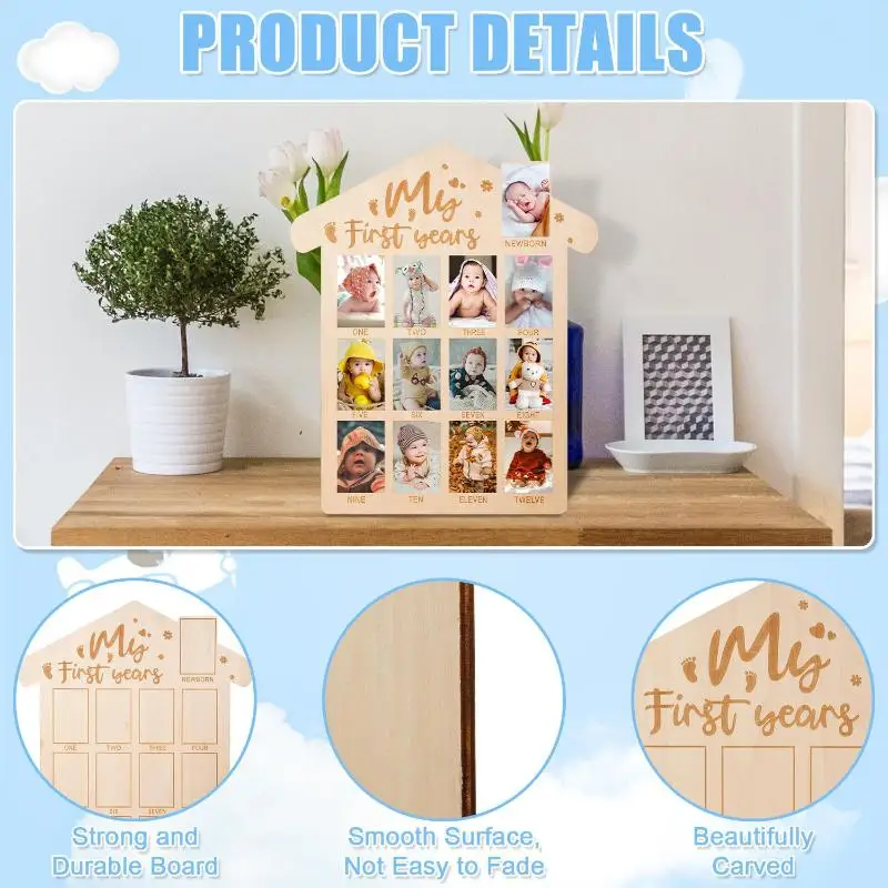 

Деревянная доска для фотографий первого года жизни ребенка — 12-месячная фоторамка с коробкой для сувениров, естественная и экологически чистая