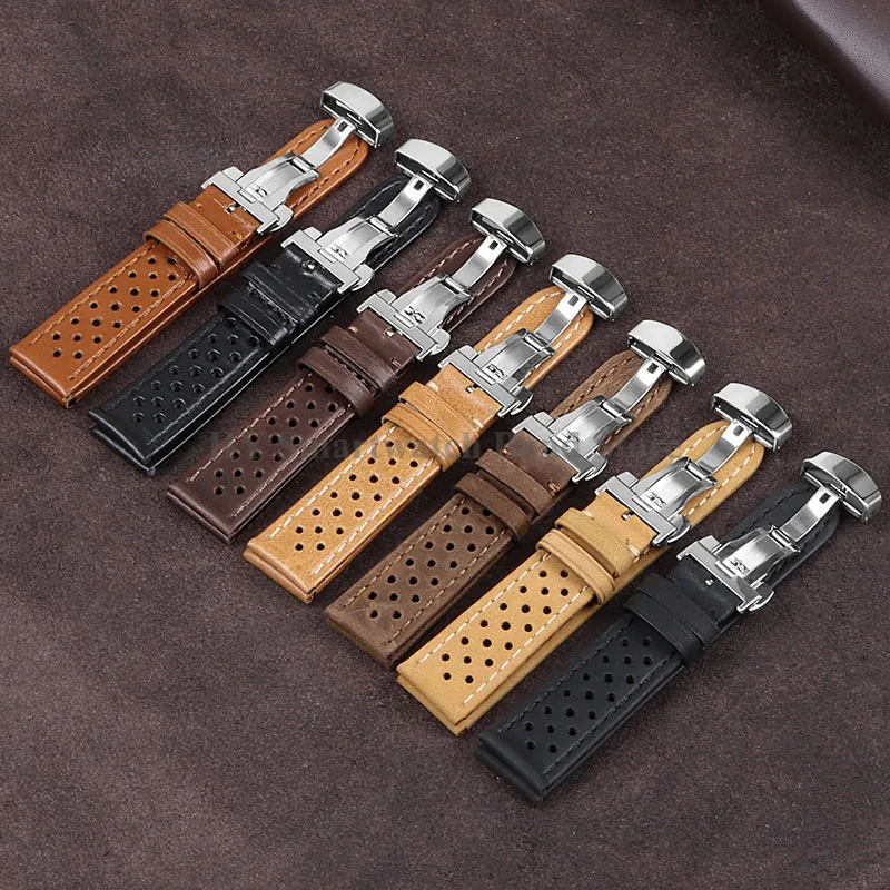 Cowhide Leather Watch Strap for Seiko for Omega Soft Handcrafted Ventilated Watchband Replacement Fold Clasp Bracelet 18/20/22mm