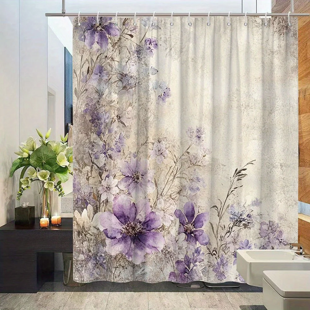 1pc Lilac Watercolor Shower Curtain - Purple Lavender Blooms & Green Stems Design, Textured Beige Background, Traditional Flowin