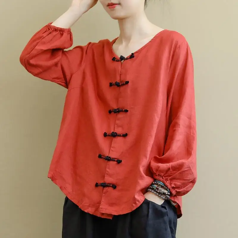 

Retro Ethnic Style Long Sleeve Cotton Linen Casual Shirt Autumn Collection Button up Versatile Loose Fit round Neck Top