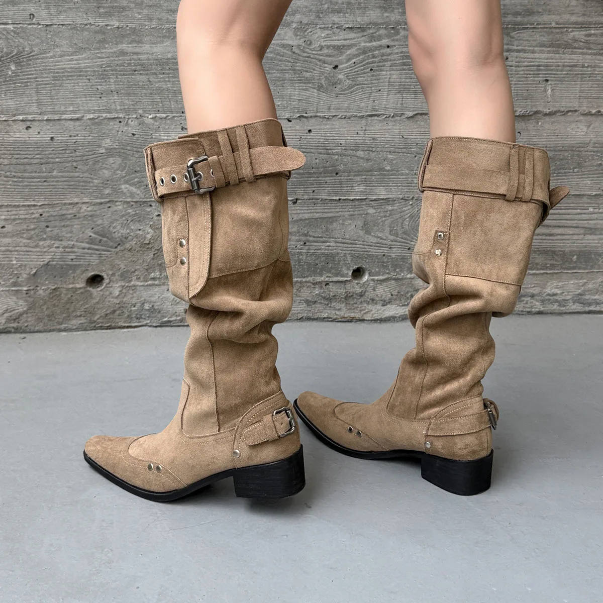 

Autumn suede Pleated Large tubular boots Square toe pull-on Middle heel Belt buckle Knee high boots Large size