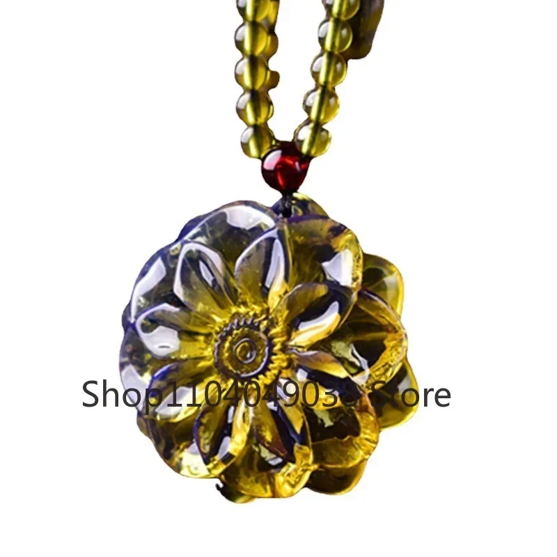 Natural Blue Baltic Sea Amber Resin Beeswax Amber Necklace Flower Sweater Chain Pendant Simple Men and Women - view 5