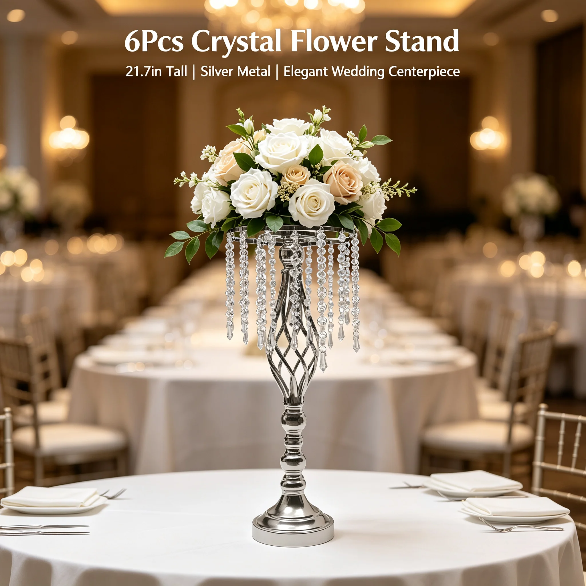 6Pcs Crystal Flower Stand 21.7in Tall Silver Wedding Centerpieces Metal Flower Holders for Reception Tables Party Event Aisle Decor Elegant DIY Tabletop Decor