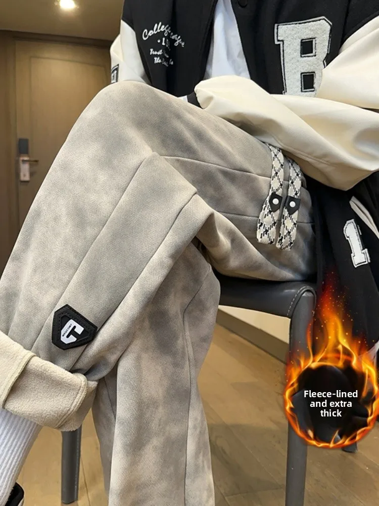 

Мужские зимние спортивные брюки в американском ретро-стиле с эффектом тай-дай, на флисовой подкладке, утепленные, с манжетами, повседневные, свободного кроя, длинные