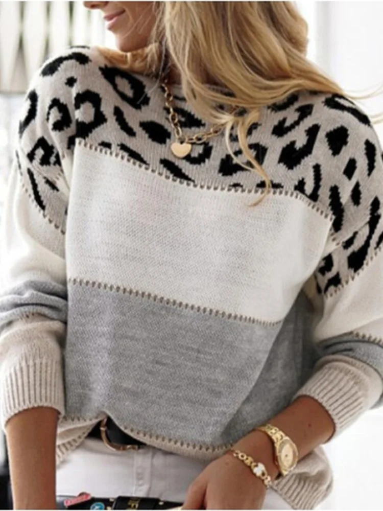 Leopard Printed Color Block Pullover Women Long Sleeve Loose Round Neck Sweater Casual Autumn Winter Top