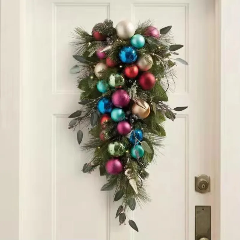 YYChristmas decorative colored ball wreath horn rattan American upside down tree door arrangement pendant