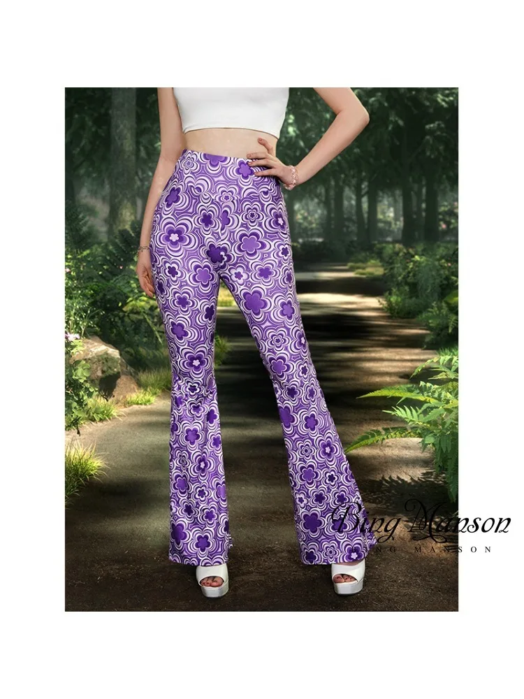 

2023 Autumn Women's New Fashion Contrast Color High Waist Raised Hip Flare Pants Printed High Waist Casual Street Women's Pants