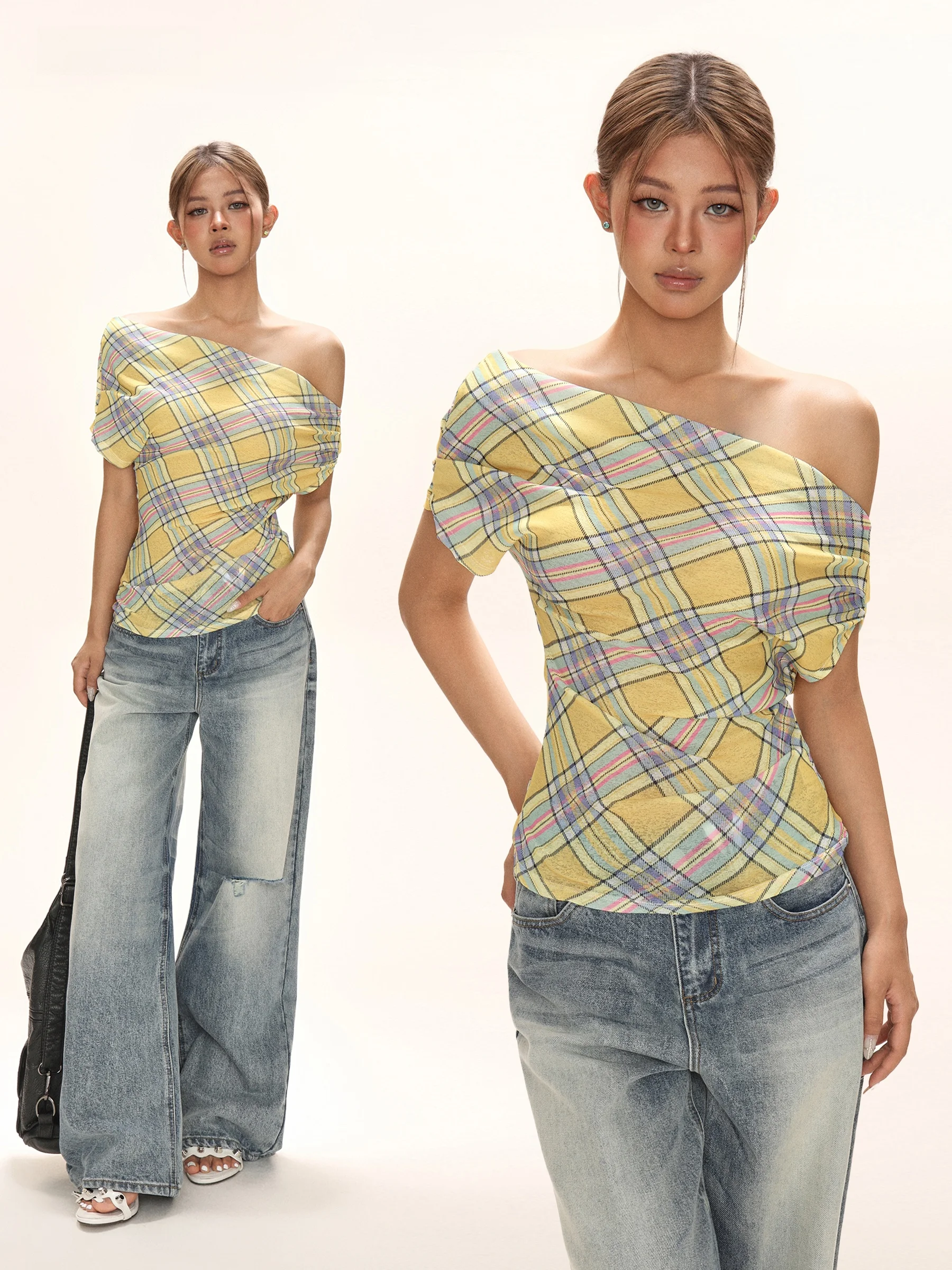 Hot Girl Shoulder Bared Short Sleeve Shirt Checkered Asymmetrical American Waist Inning Design Summer Casual Style Street Snap