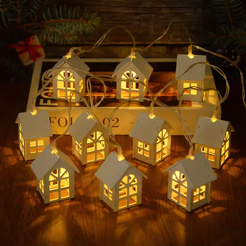 

10LED Christmas Wood House Fairy Light String Garland Atmosphere Xmas Tree Hanging Decor Wedding New Year 2025 Home Party Decors