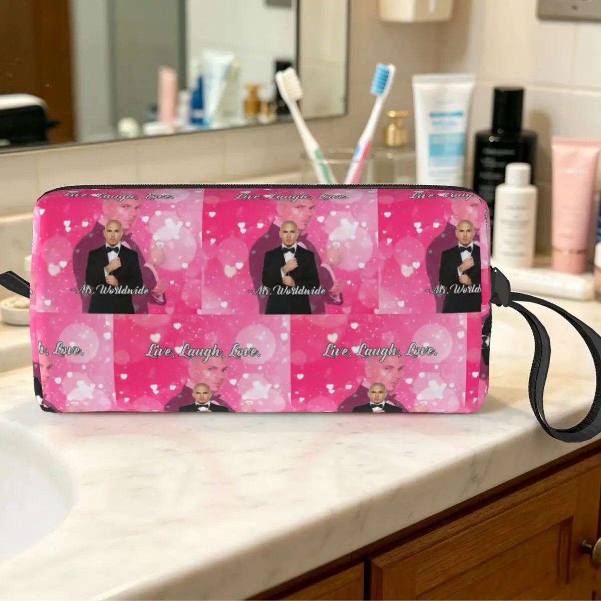 Mr. Worldwide Says To Live Laugh Love Pink Makeup Bag Cosmetic Organizer Storage Dopp Kit for Women Beauty Travel Pencil Case