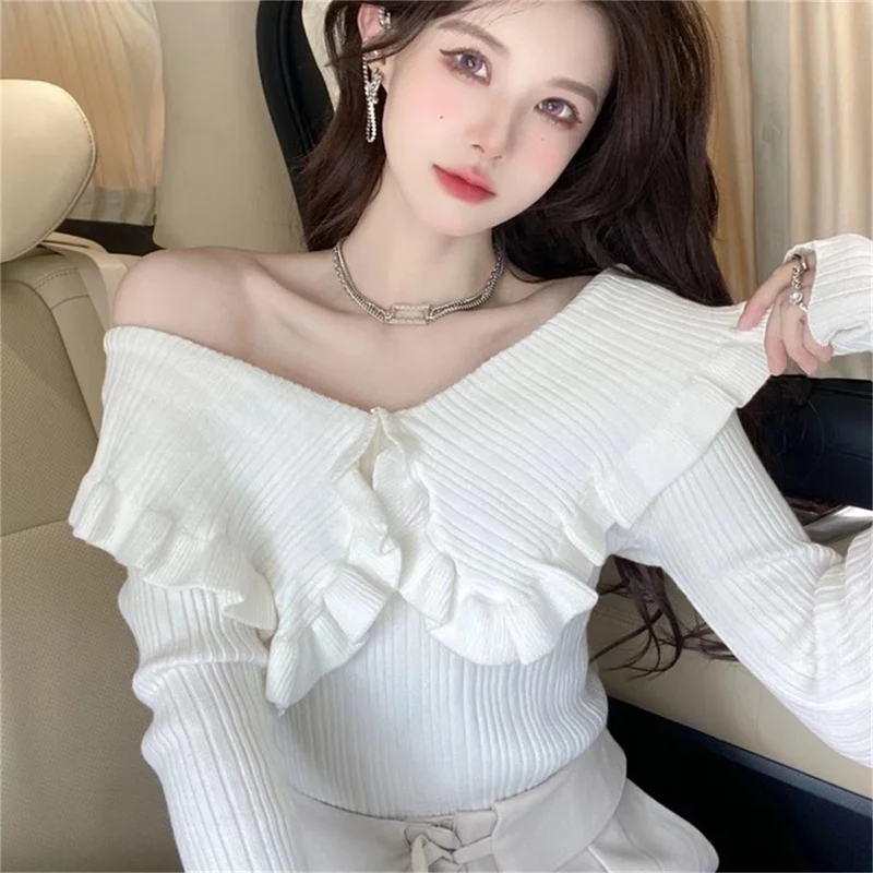 Women Sweater Sweet Doll Collar Knitwear Agaric Edge Long Sleeve Slim Knitted Sweater