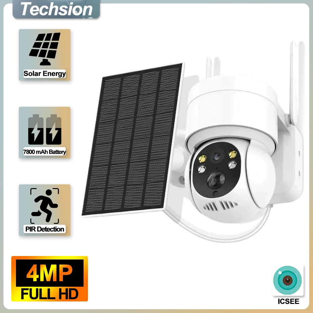 

4MP Outdoor WIFI Solar Camera Security with Solar Panel Wireless Surveillance PTZ Battery CCTV PIR Human Detection ICsee Alexa