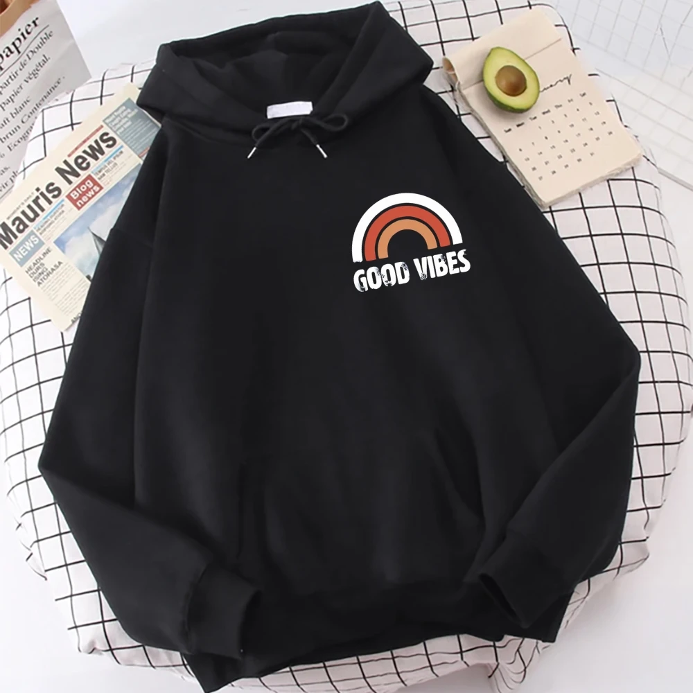Sweat à capuche arc-en-ciel Good Vibes, Design graphique positif, tendance, décontracté, ample, manches longues, à la mode, mignon, confortable, hauts en tissu