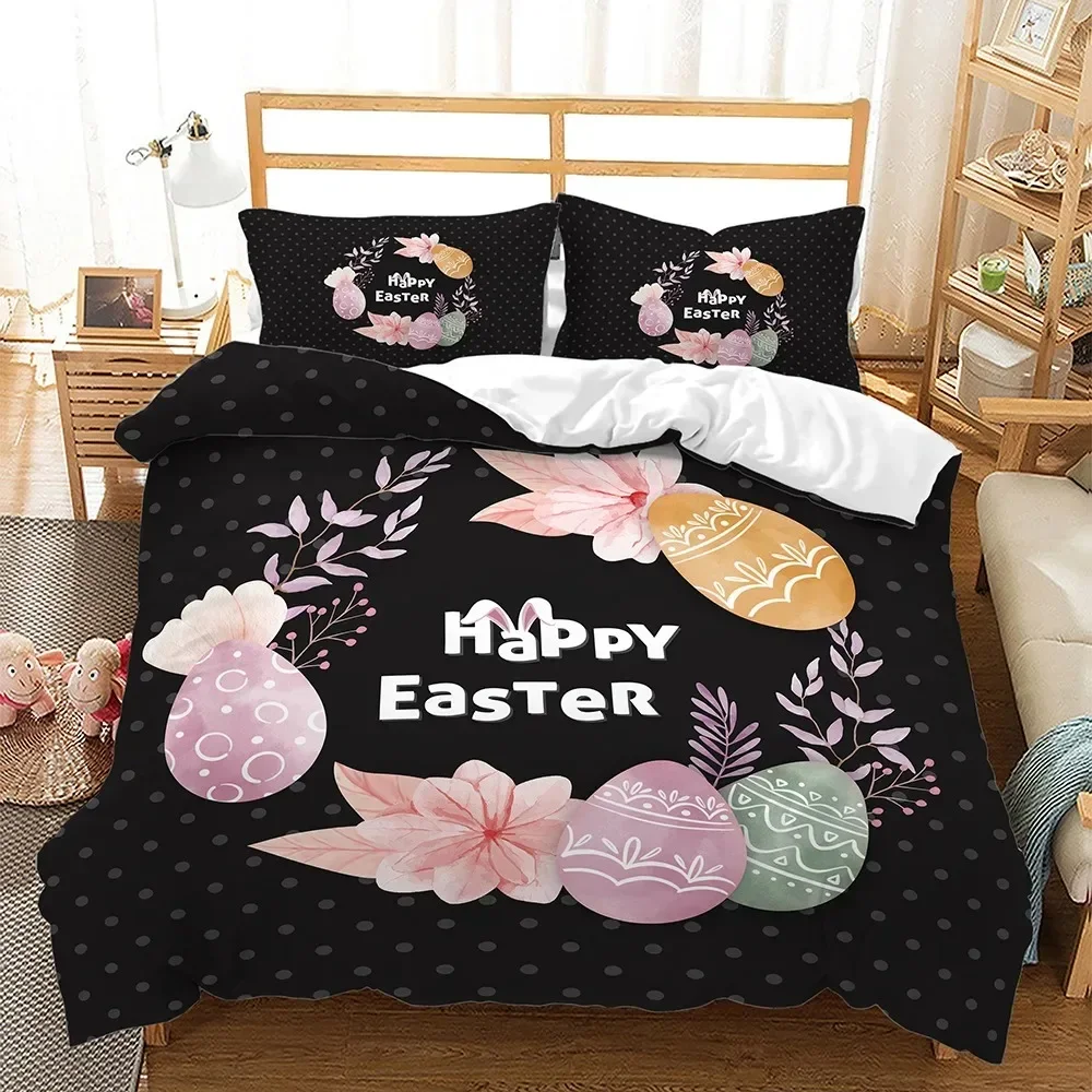 Easter Beautiful Pink Egg Rabbit Bunny Supplies Set Duvet Cover Set Bedding Sets Adults Bed Pillowcases No Filling Birthday Gift