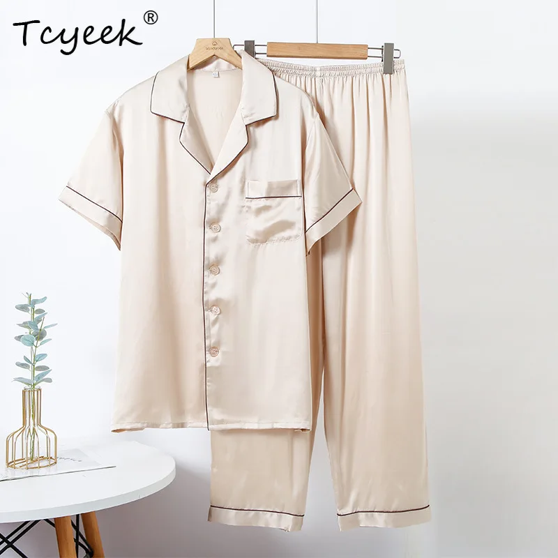 

Tcyeek, 100%Real Silk Casual Pajamas Set, Men Short Sleeve Top Pants, Soft Solid Home Clothing Set, 2024 Summer Fall S48026QC