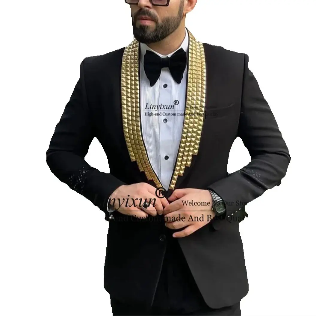 

Customized Men Suits With Diamonds Beaded Groom Wedding Tuxedo 2 Pieces Sets Business Male Prom Blazer Pants Party Costume Homme