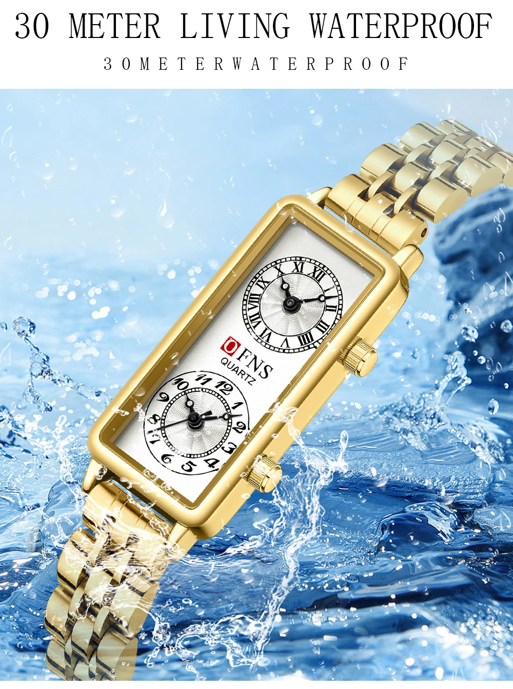 Dual Movement Watch Women Quartz Wristwatch Luxury Ladies 2 Time Zone Clock Stainless Steel Black Leather Rectangle Gold Reloj