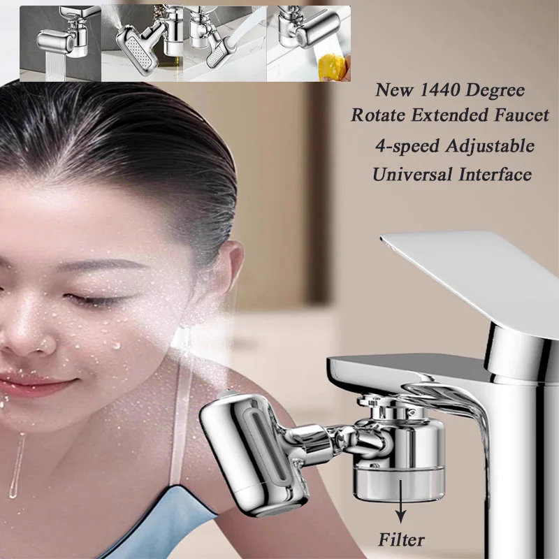 

Multifunctional Rotary Extension Faucet 1440° Rotation Faucet 4 Modes Adjustable Water Saving Nozzle Bath Faucet Connector