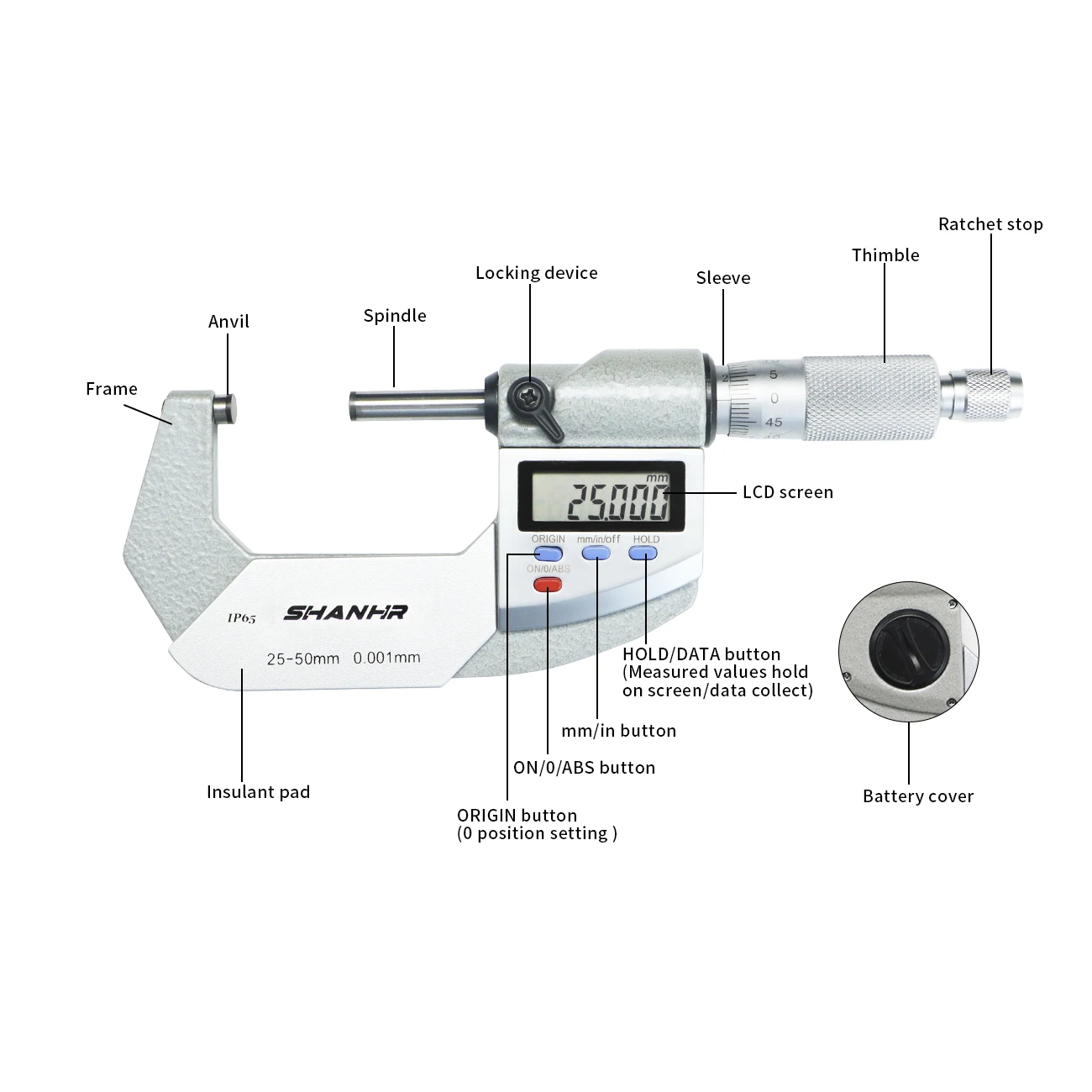 SHANHR IP65 Digital Electronic Outside Micrometer 0-25/25-50/50-75 /75-100 mm Digital Micrometer 0.001mm