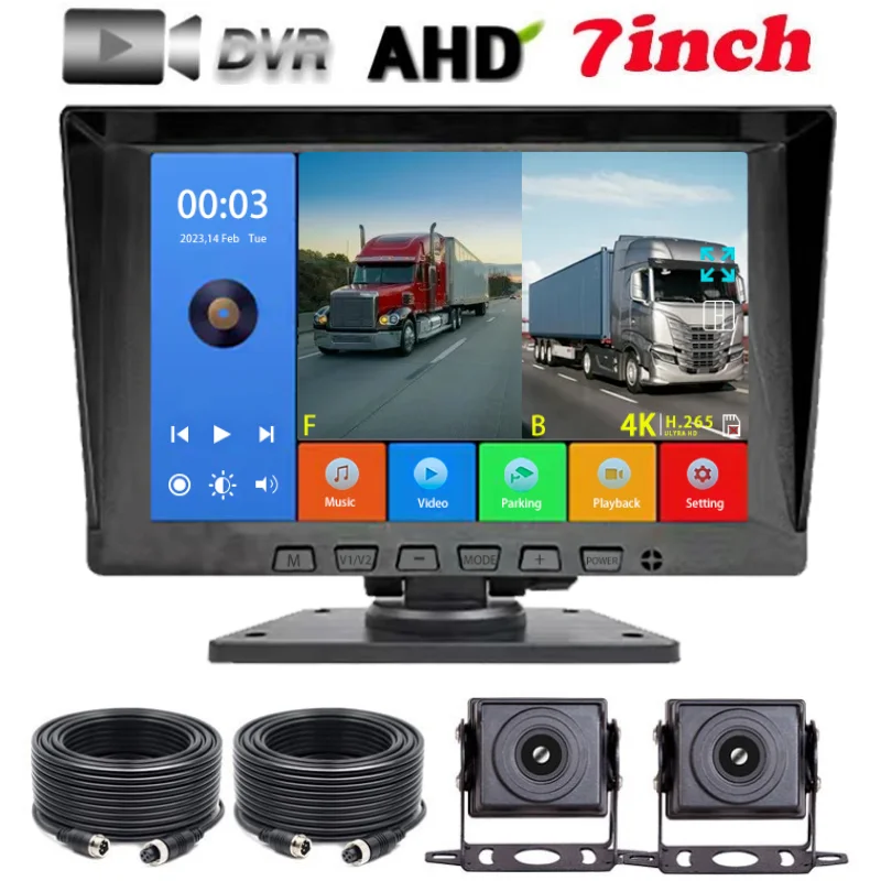 7 inch 1024*600 IPS AHD Car Monitor with 2CH Vehicle Camera Starlight Night Vision Backup System Bus Truck Parking Recorder