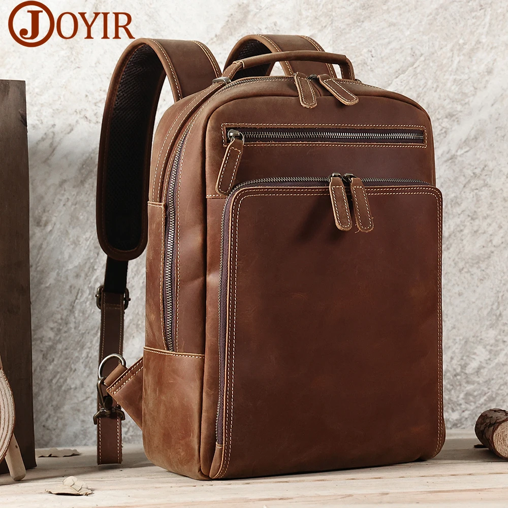 JOYIR Retro Crazy Horse Leather Men's Backpack 15.6 inch Laptop Bag Large Capacity School Business Office Travel Daypack New