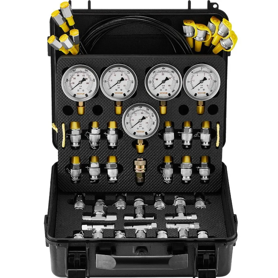 

Hydraulic Pressure Test Kit 10 100 250 400 600bar 5 Gauges 13 Couplings 14 Tee Connectors 5 Test Hoses Excavator Hydraulic Tes