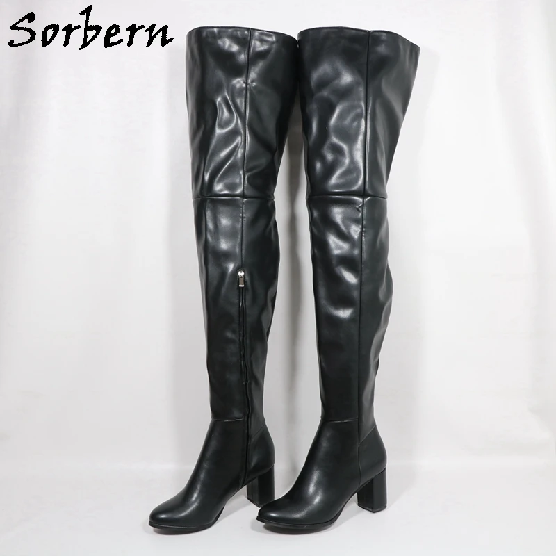 Sorbern Black Matte Block Square Heels Boots For Women Unisex Style Round Toe Mid Thigh High Half Zipper Long Boots Custom