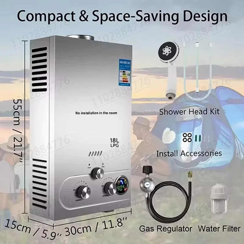 DIVEDEER Portable Vertical Water Heater 8L/12L/16L/18L Propane Gas LPG Wall Mounted Tankless Water Heater Digital Display