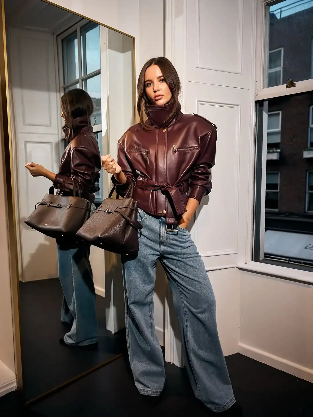 المرأة فو سترة جلدية بورجوندي الوقوف طوق معطف قصير 2025 شارع العليا أزياء من الدانتل حتى مشبك الخصر Cinching سستة #1