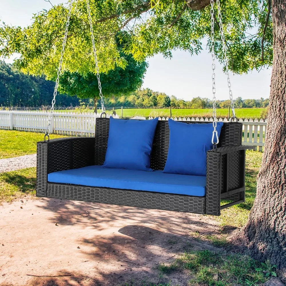 

Swing Chair Black Rattan Blue Cushion Rattan Durable & Breathable Swing 2Seat Hanging Chair with Iron Chain for Indoor Outdoor