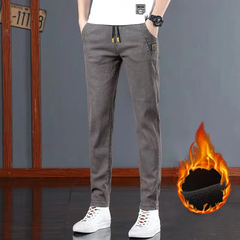 Men\'s Comfortable Business Casual Denim Pants Basic Plush Thermal Straight Leg Trousers Elastic Waist Lace Up Thicken Jeans Male