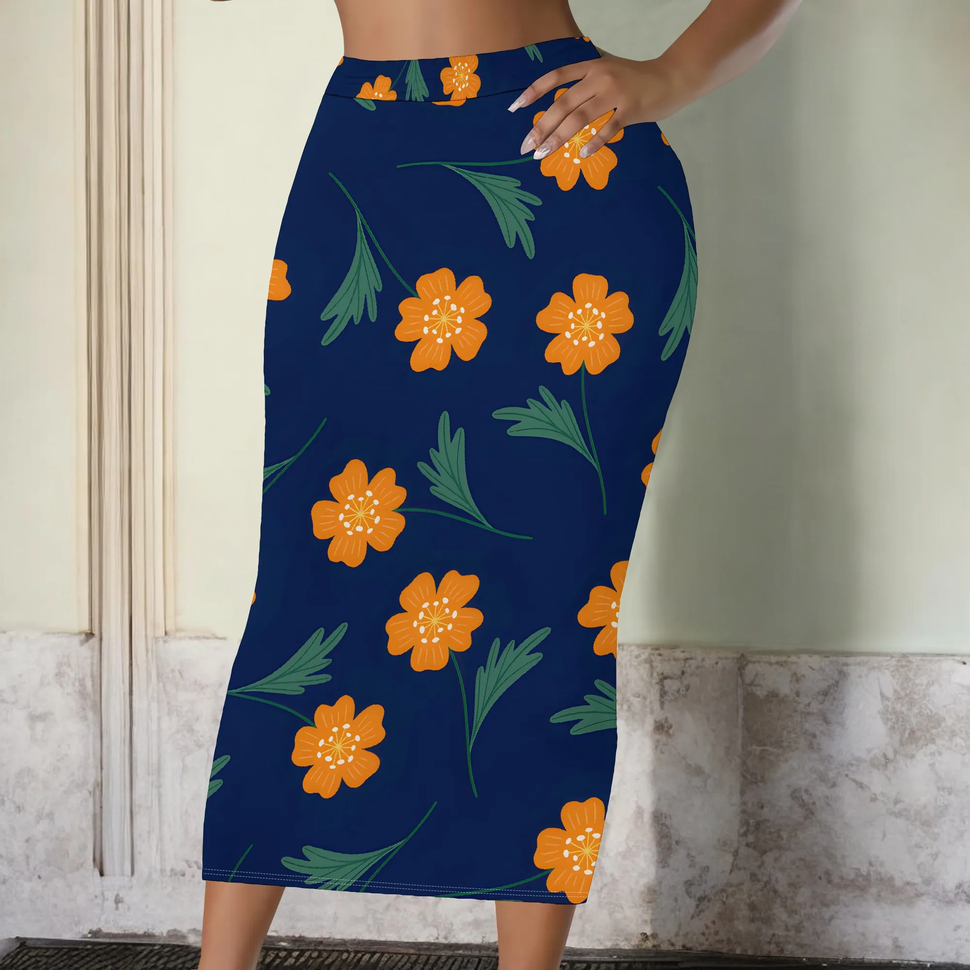 Floral Print Midi Skirt, Orange Flower Pattern Pencil Skirt, Navy Blue Bodycon Skirt, Women's Casual Wear S-3XL